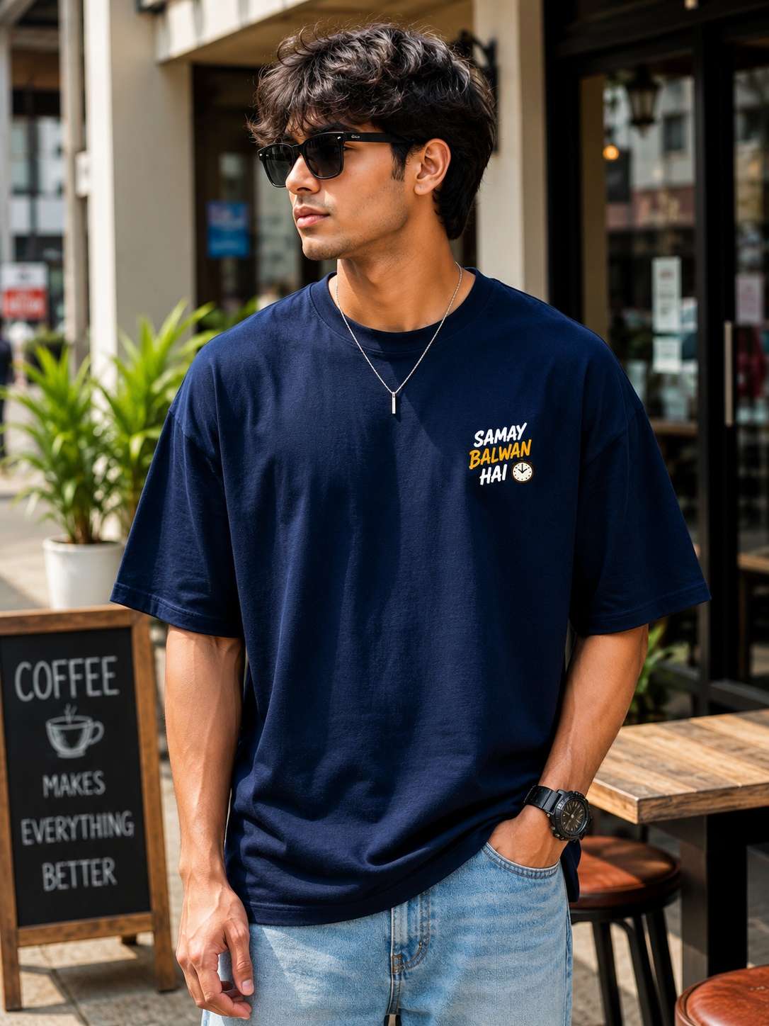 Men Navy Blue Comedy Mic Drop Graphic Printed Oversized T-shirt