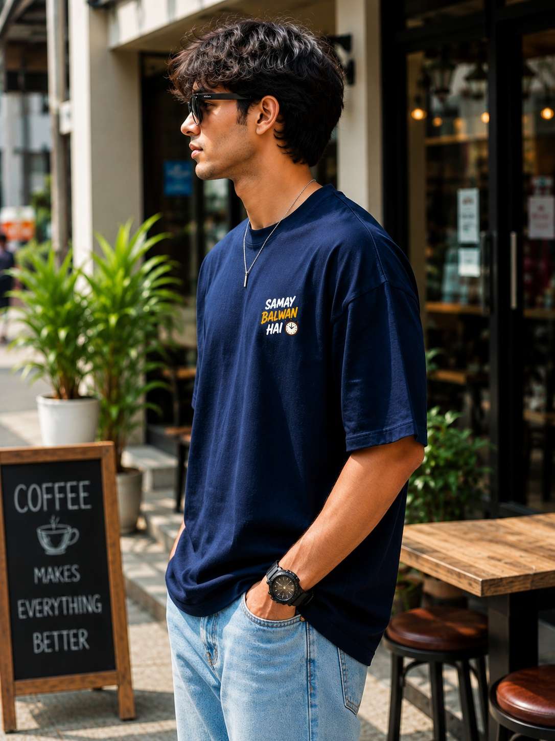 Men Navy Blue Comedy Mic Drop Graphic Printed Oversized T-shirt