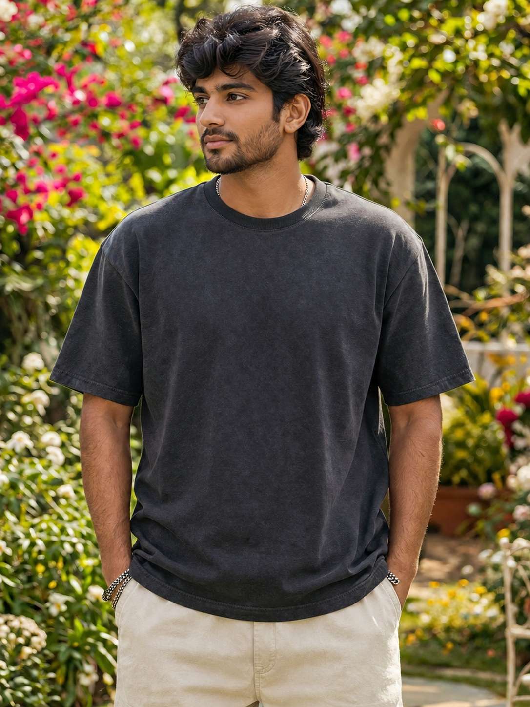 Men Light Slate Grey Minimal Portrait Graphic Printed Oversized T-shirt