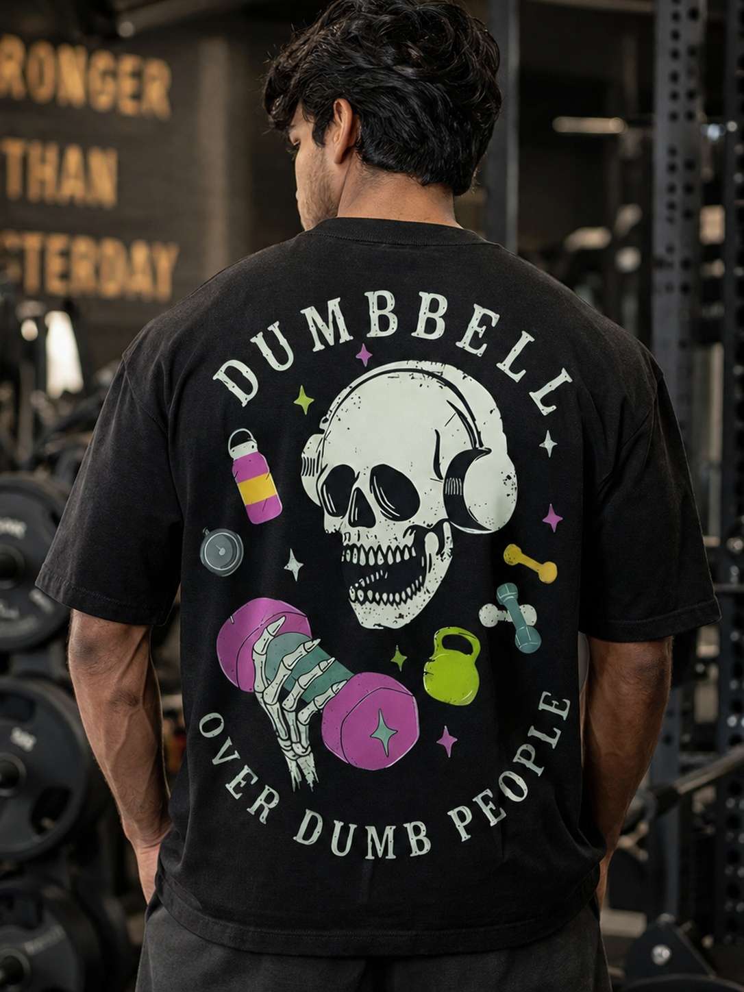 Men Black Skull Gym Graphic Printed Oversized T-shirt