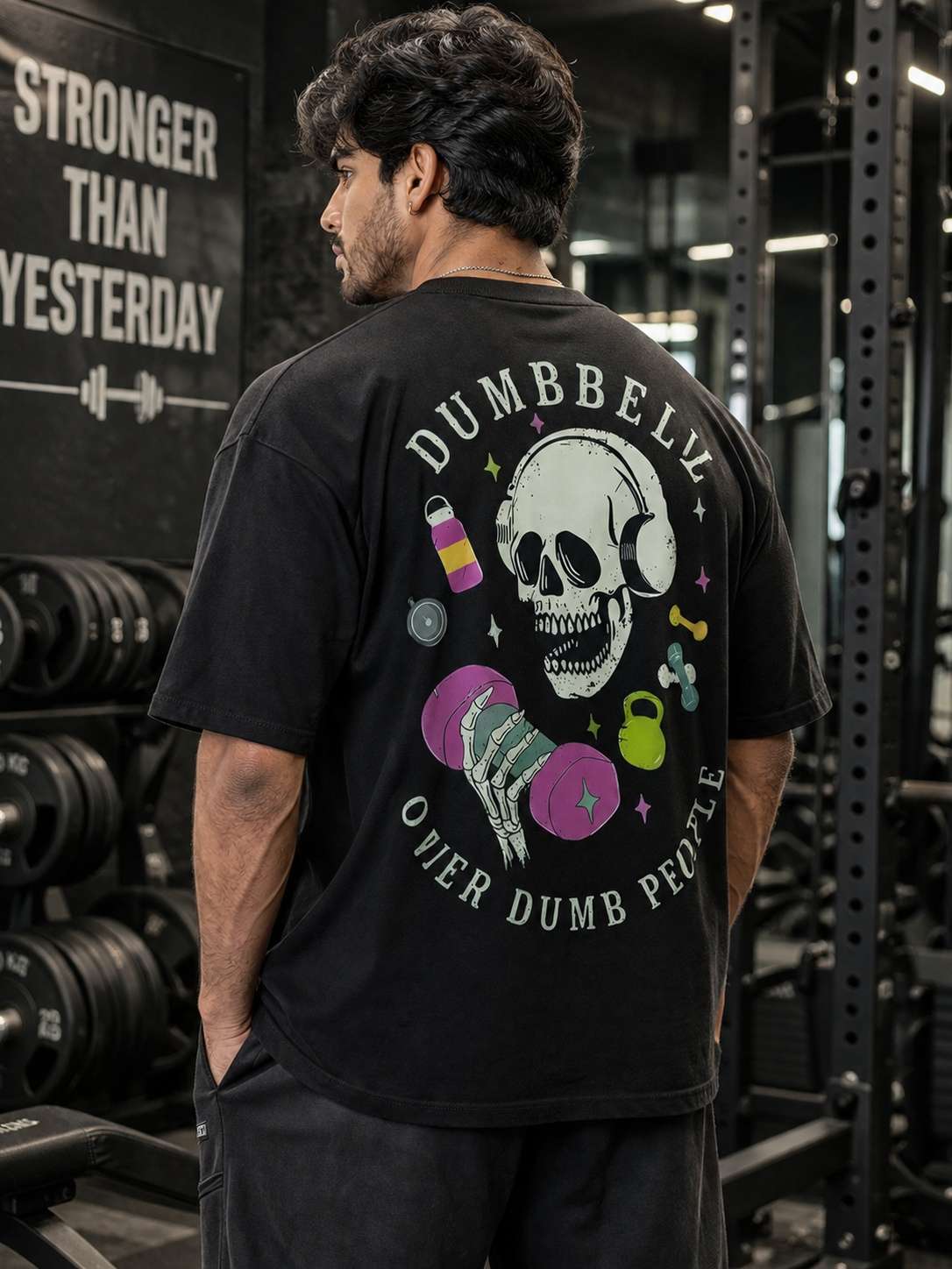 Men Black Skull Gym Graphic Printed Oversized T-shirt
