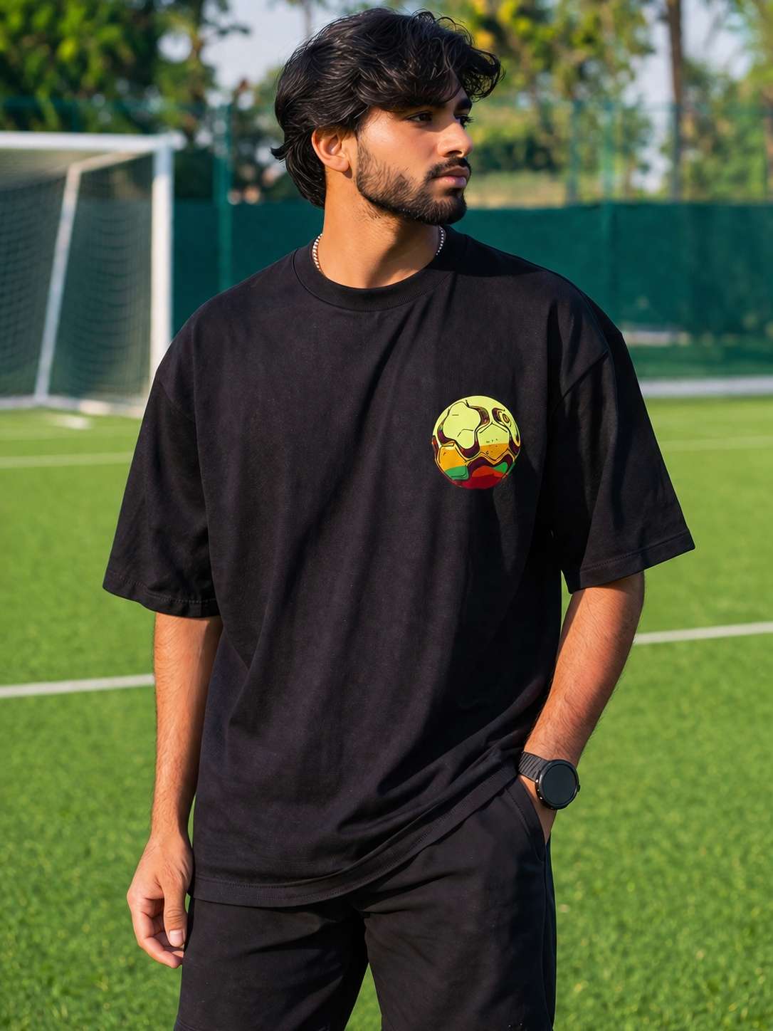 Men Black Retro Sports Badge Graphic Printed Oversized T-shirt