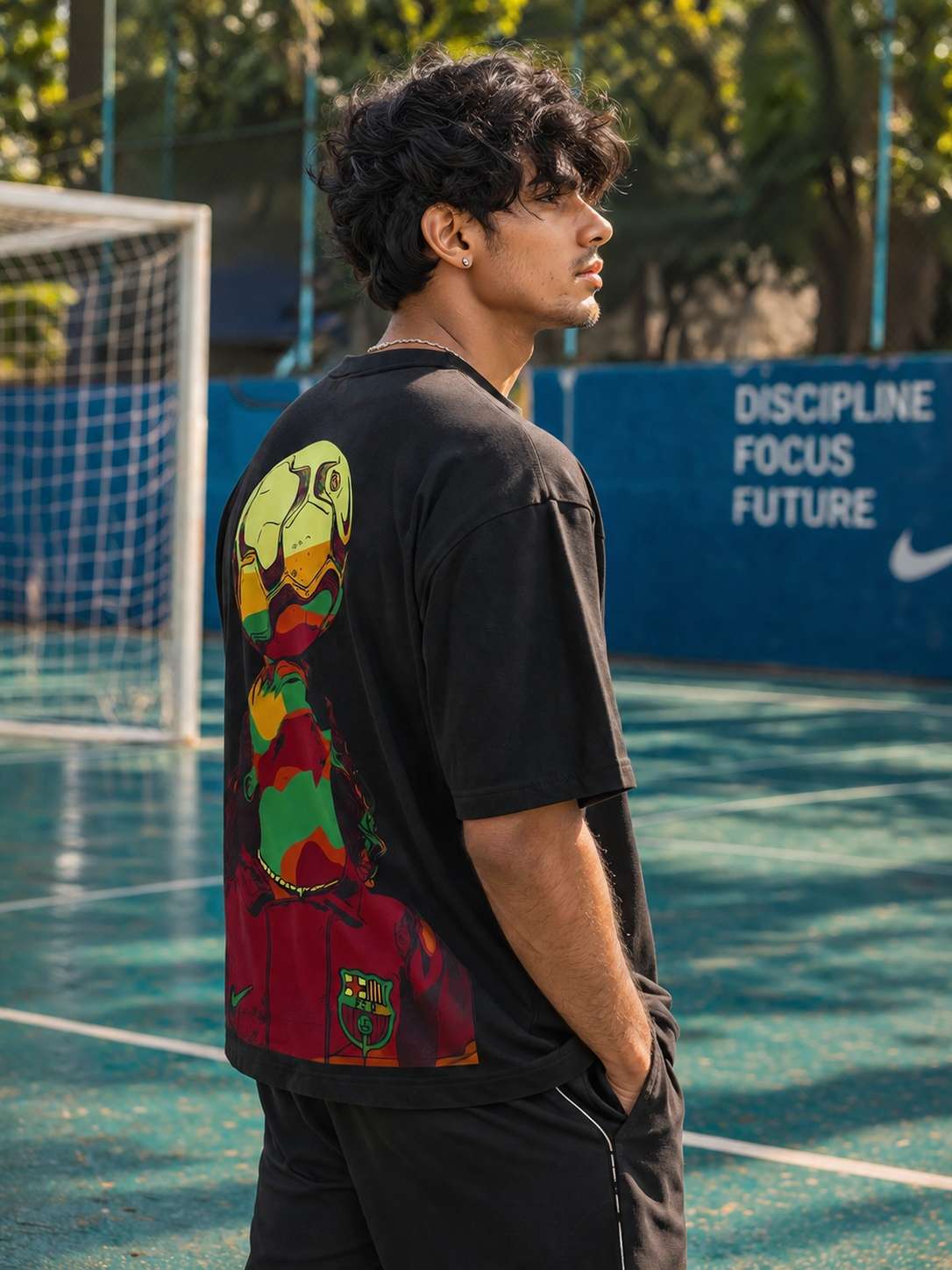 Men Black Retro Sports Badge Graphic Printed Oversized T-shirt