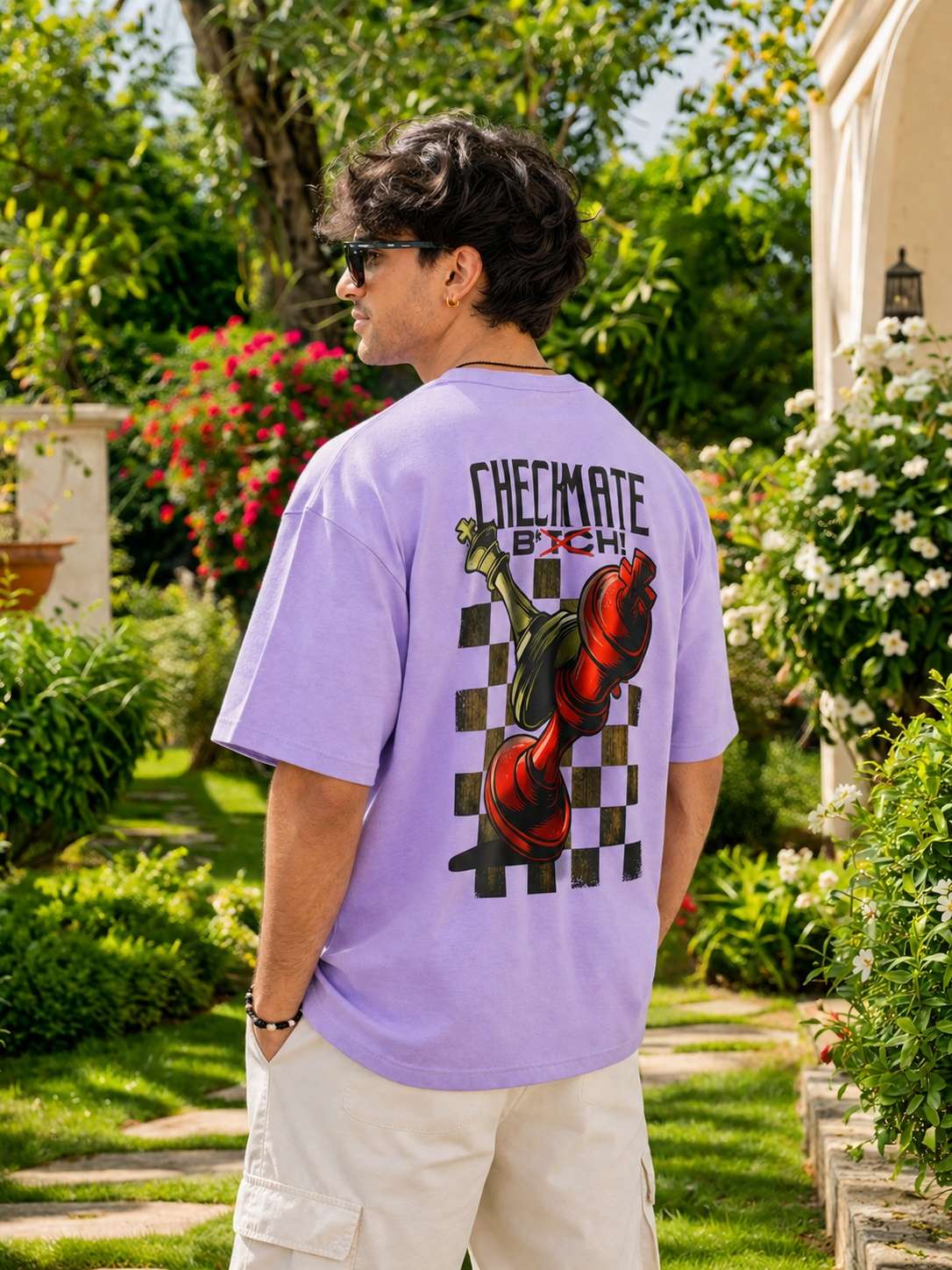 Men Lavender Chessboard Strategy Graphic Printed Oversized T-shirt