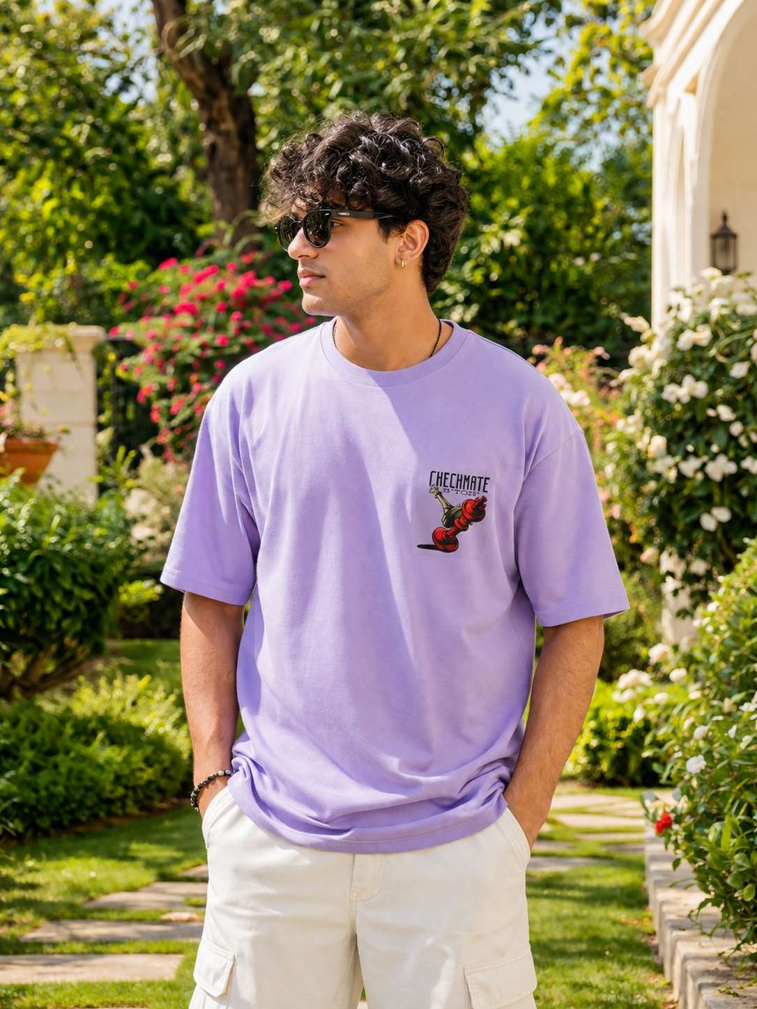 Men Lavender Chessboard Strategy Graphic Printed Oversized T-shirt