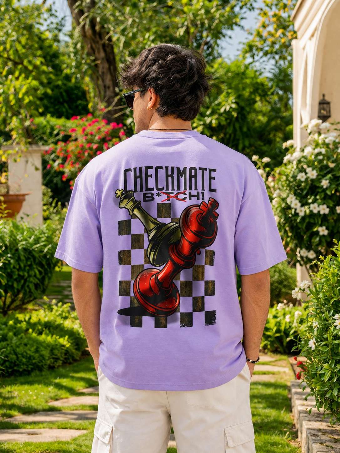 Men Lavender Chessboard Strategy Graphic Printed Oversized T-shirt