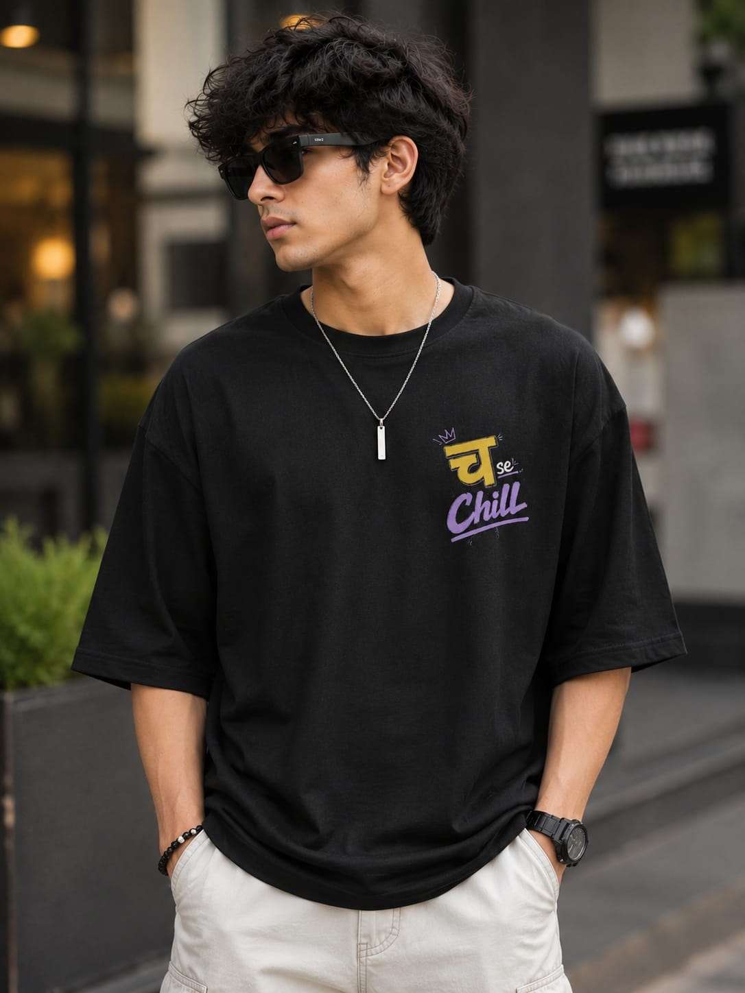 Men's Black च se Chill  Hindi Typography Printed Oversized T-shirt