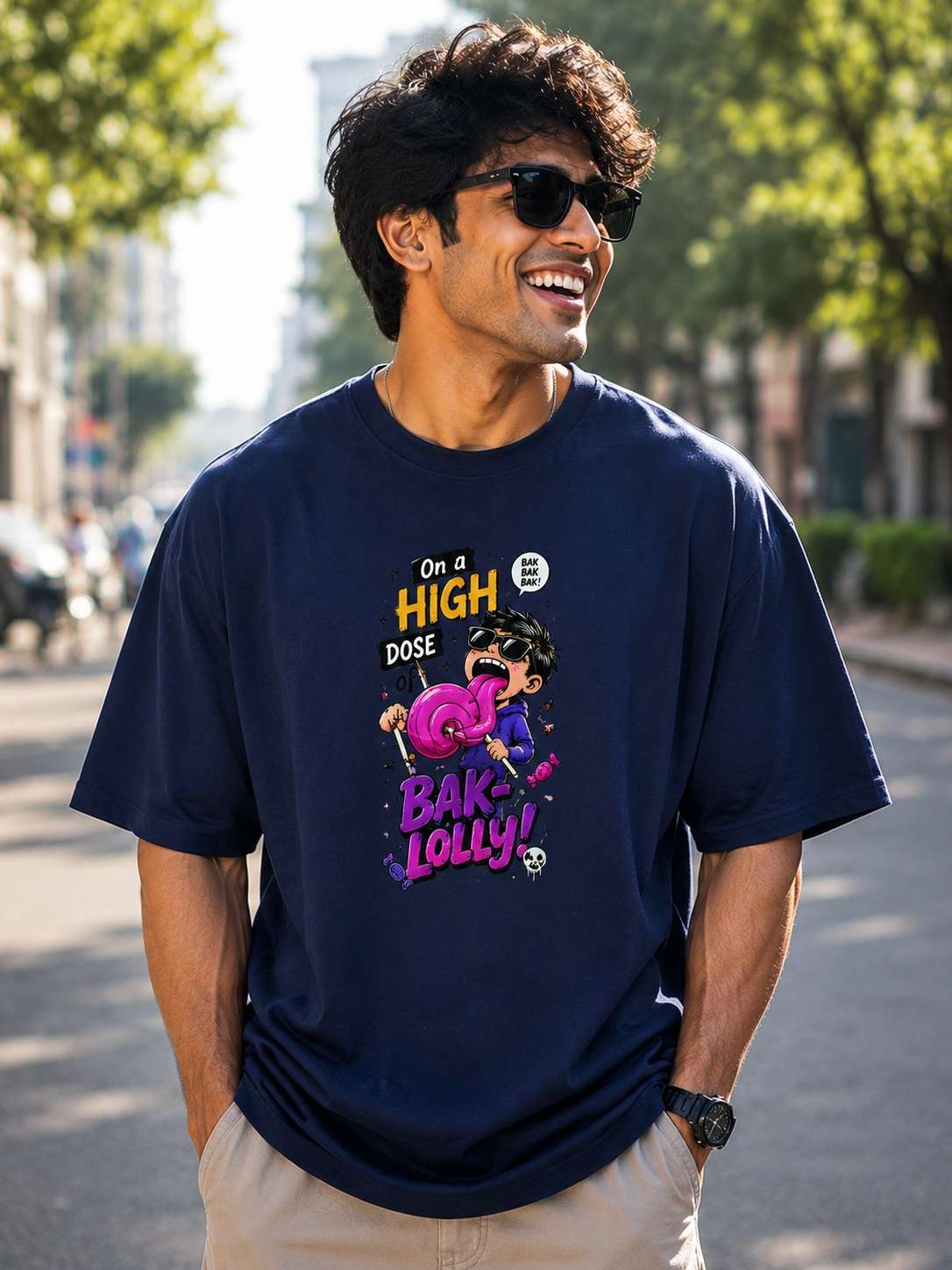 Men Navy Blue Squad Graphic Printed Oversized Fit T-shirt
