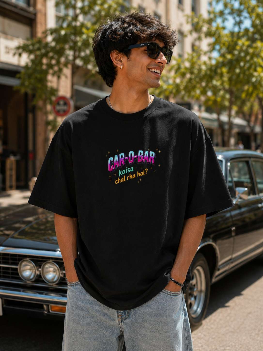 Men Black Car-O-Bar Retro Car Graphic Printed Oversized T-shirt