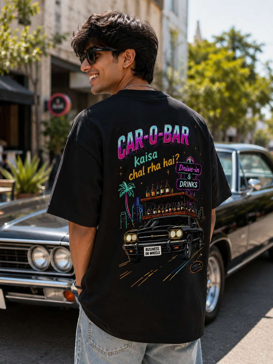 Men Black Car-O-Bar Retro Car Graphic Printed Oversized T-shirt