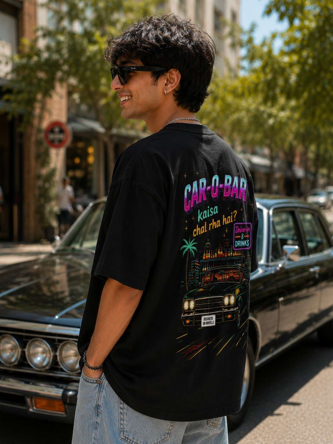 Men Black Car-O-Bar Retro Car Graphic Printed Oversized T-shirt