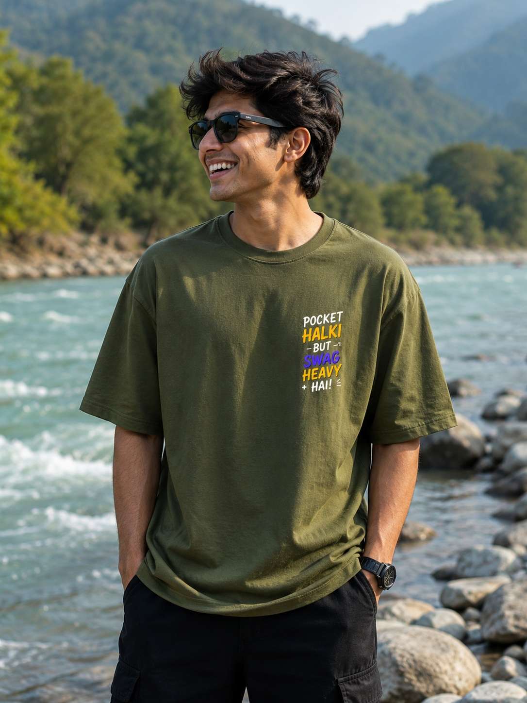 Men Olive green Pocket Halki Swag Heavy Typography Printed Oversized Fit T-shirt