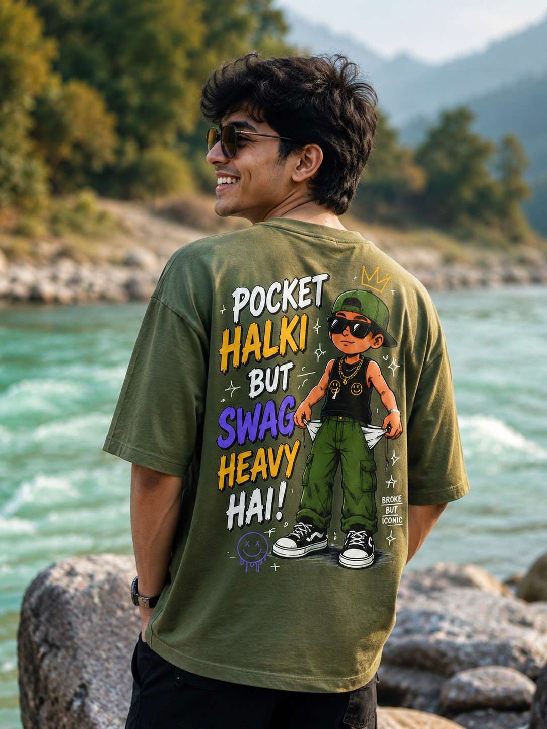 Men Olive green Pocket Halki Swag Heavy Typography Printed Oversized Fit T-shirt
