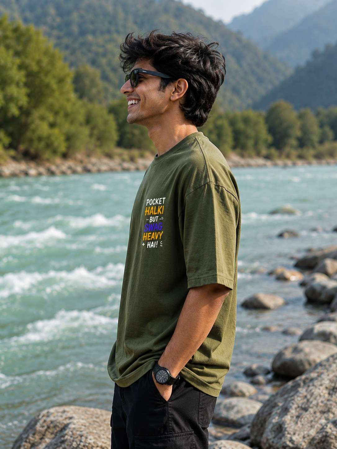 Men Olive green Pocket Halki Swag Heavy Typography Printed Oversized Fit T-shirt