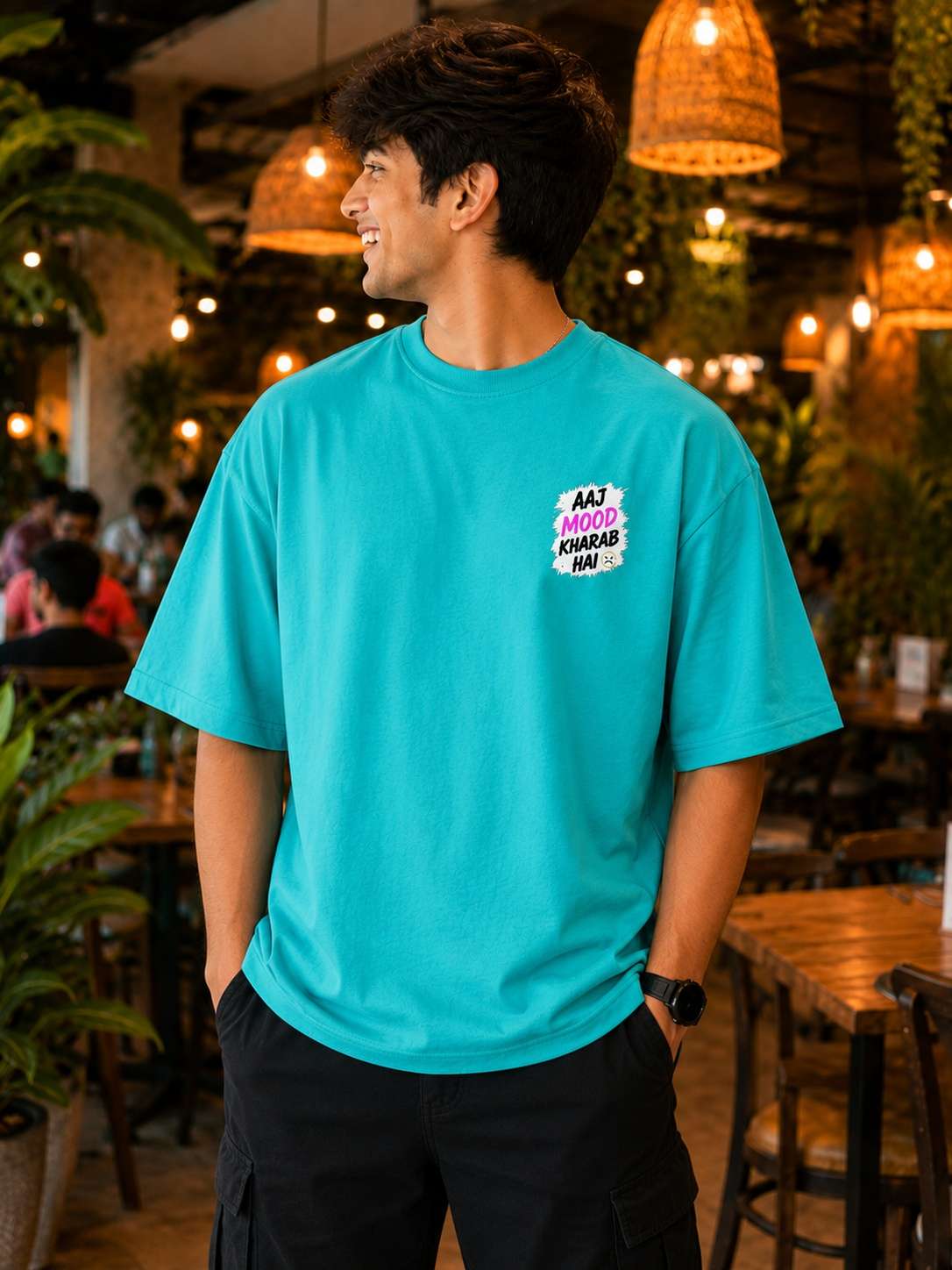 Men Turqoise Aaj Mood Kharab Hai Typography Printed Oversized T-shirt