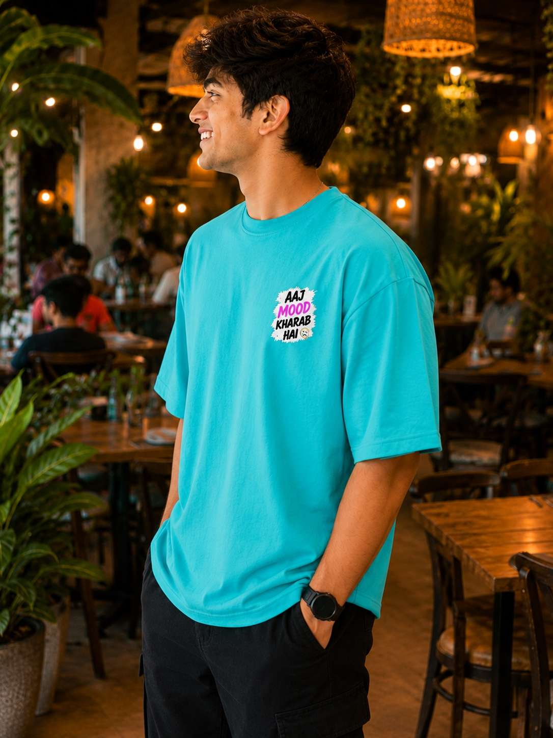 Men Turqoise Aaj Mood Kharab Hai Typography Printed Oversized T-shirt
