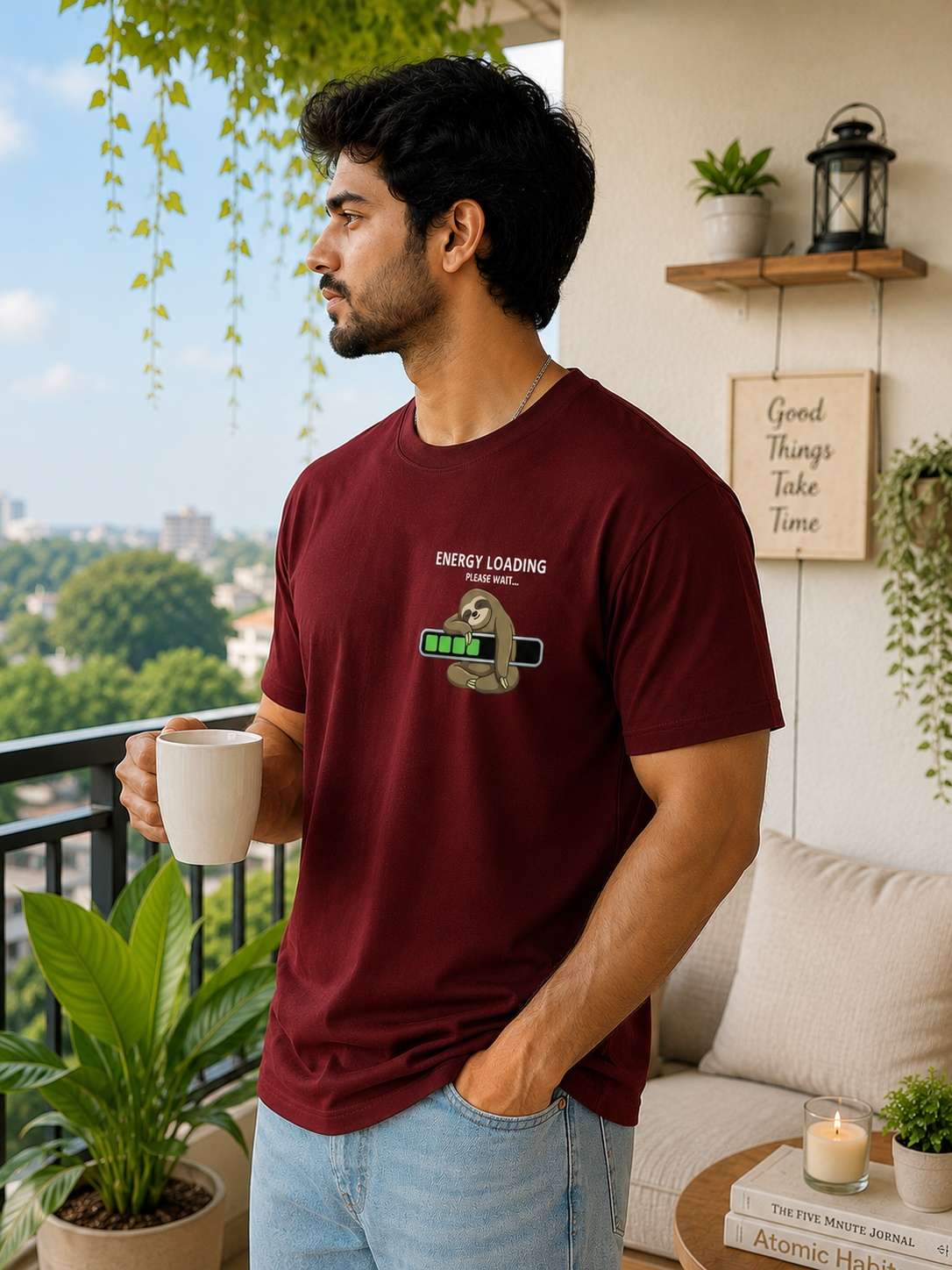 Men Maroon Lazy Sunday Typography Printed Regular fit T-shirt