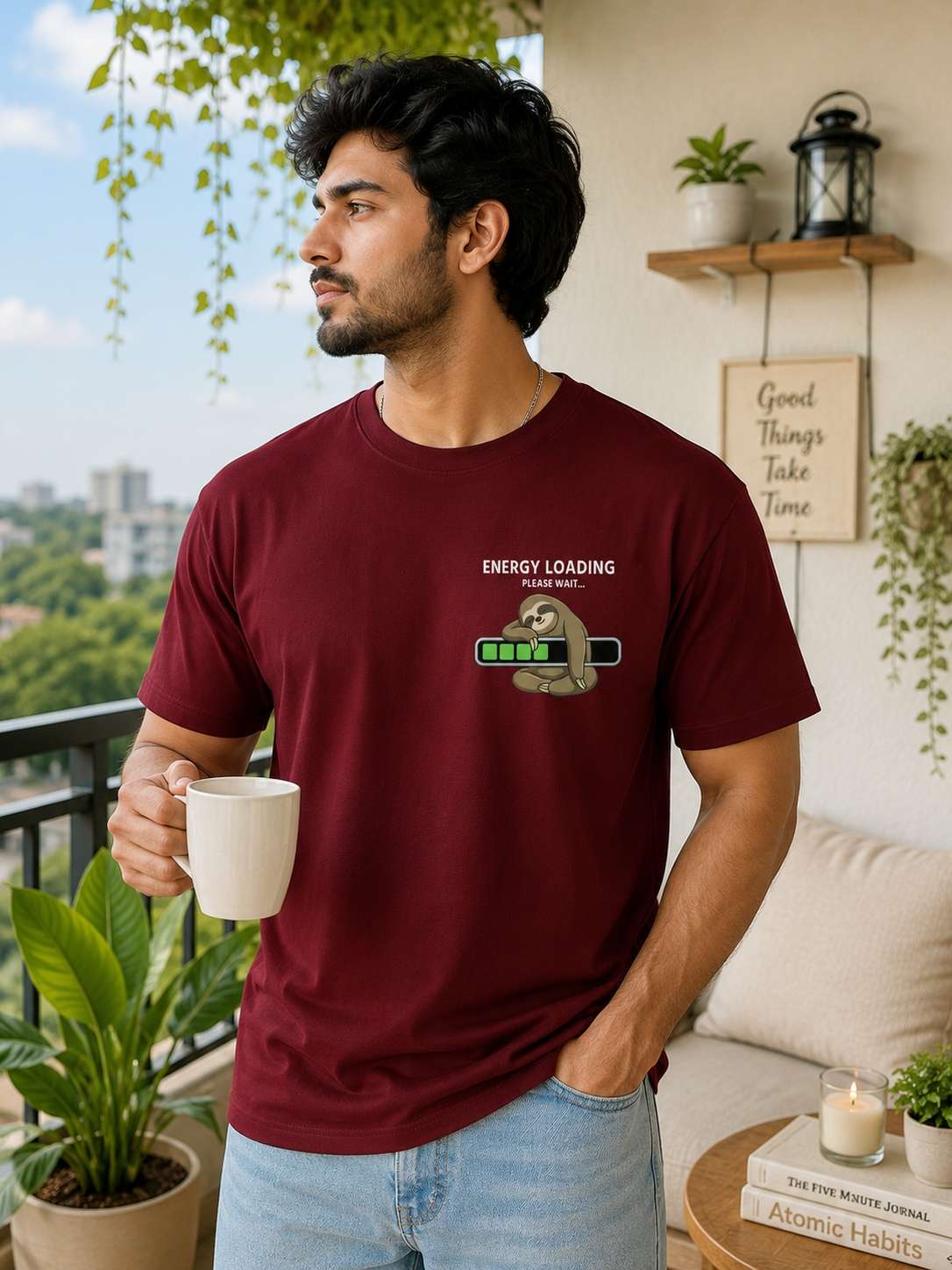 Men Maroon Lazy Sunday Typography Printed Regular fit T-shirt
