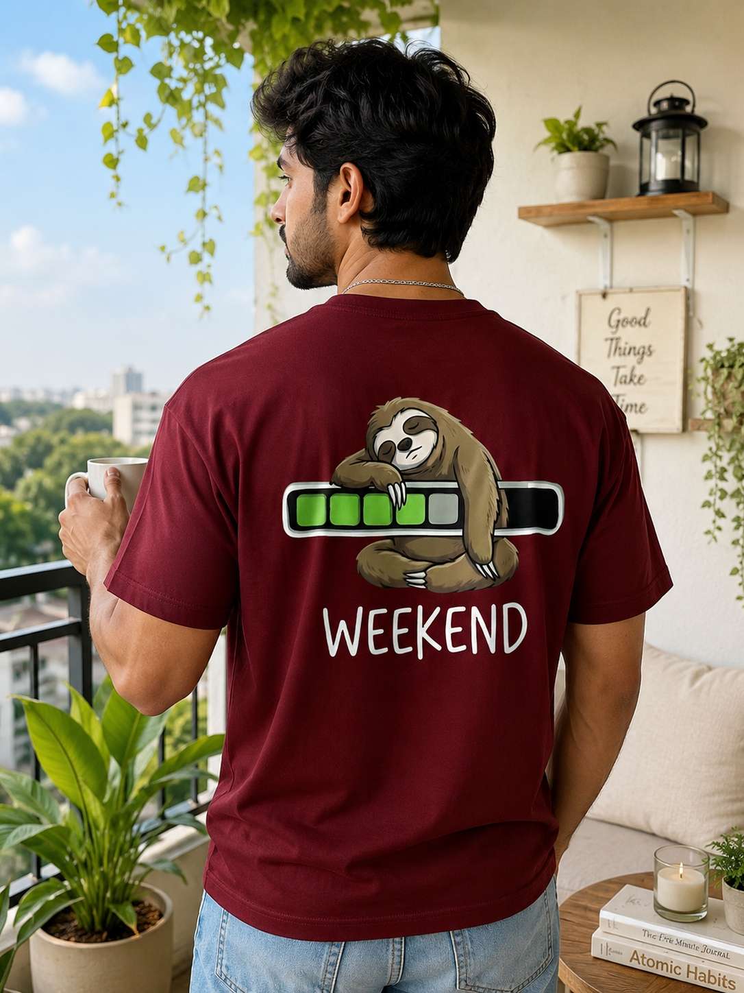 Men Maroon Lazy Sunday Typography Printed Regular fit T-shirt