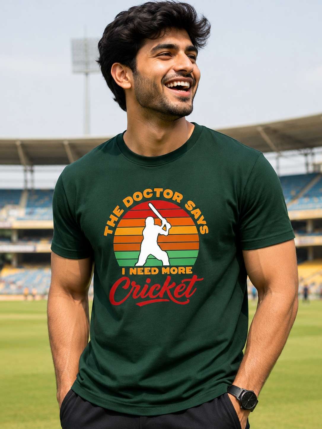 Men Dark green Retro Cricket Bat Graphic Printed Regular fit T-shirt