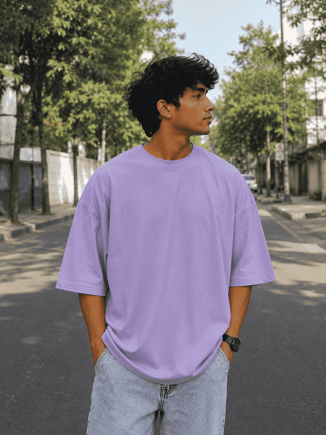 Men Lavender Solid Oversized T-shirt