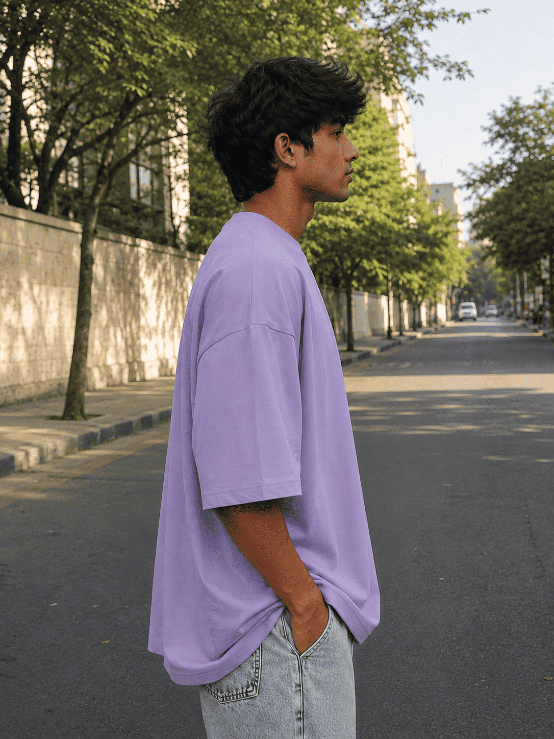 Men Lavender Solid Oversized T-shirt