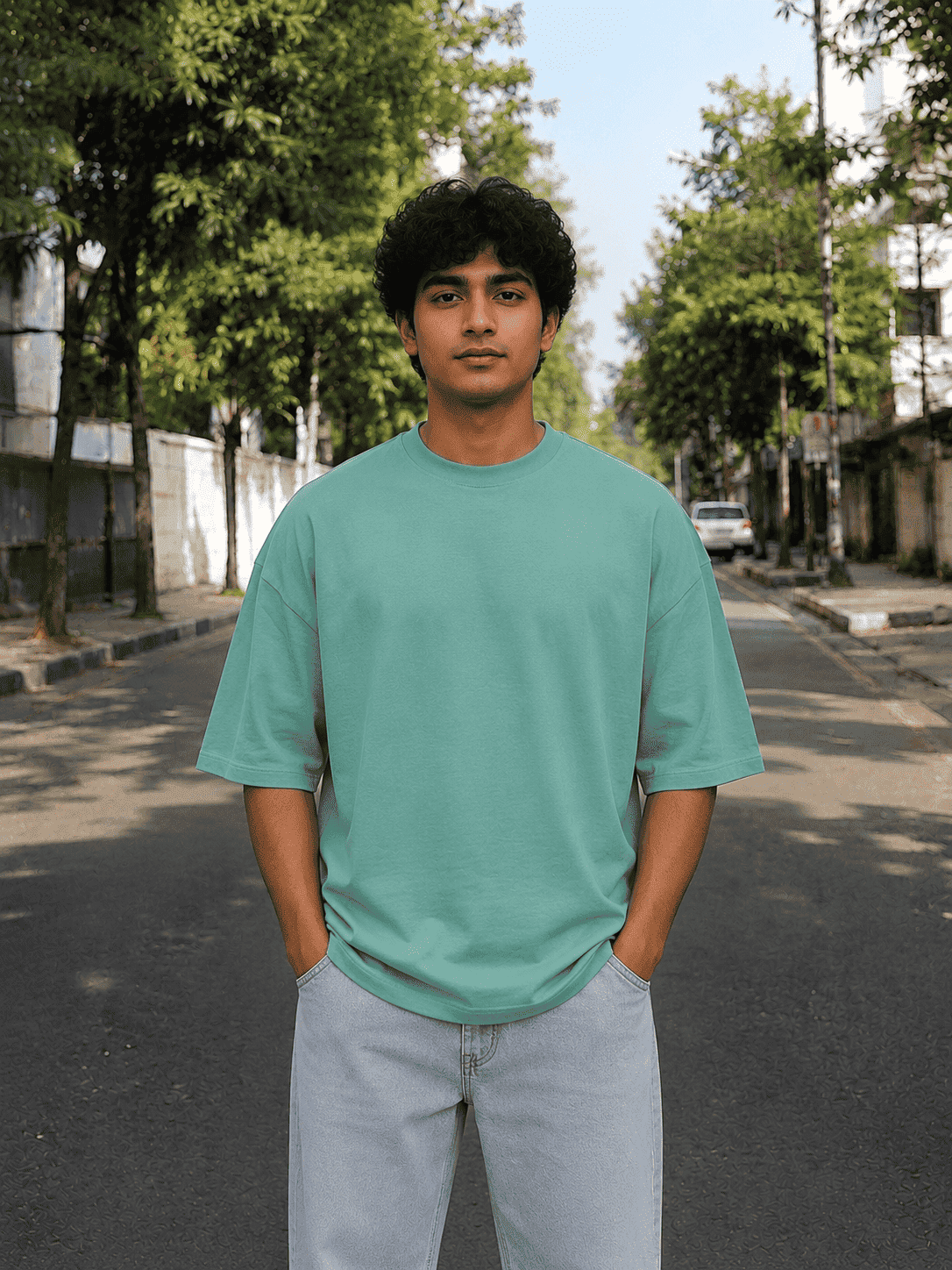 Men Teal Solid Oversized T-shirt