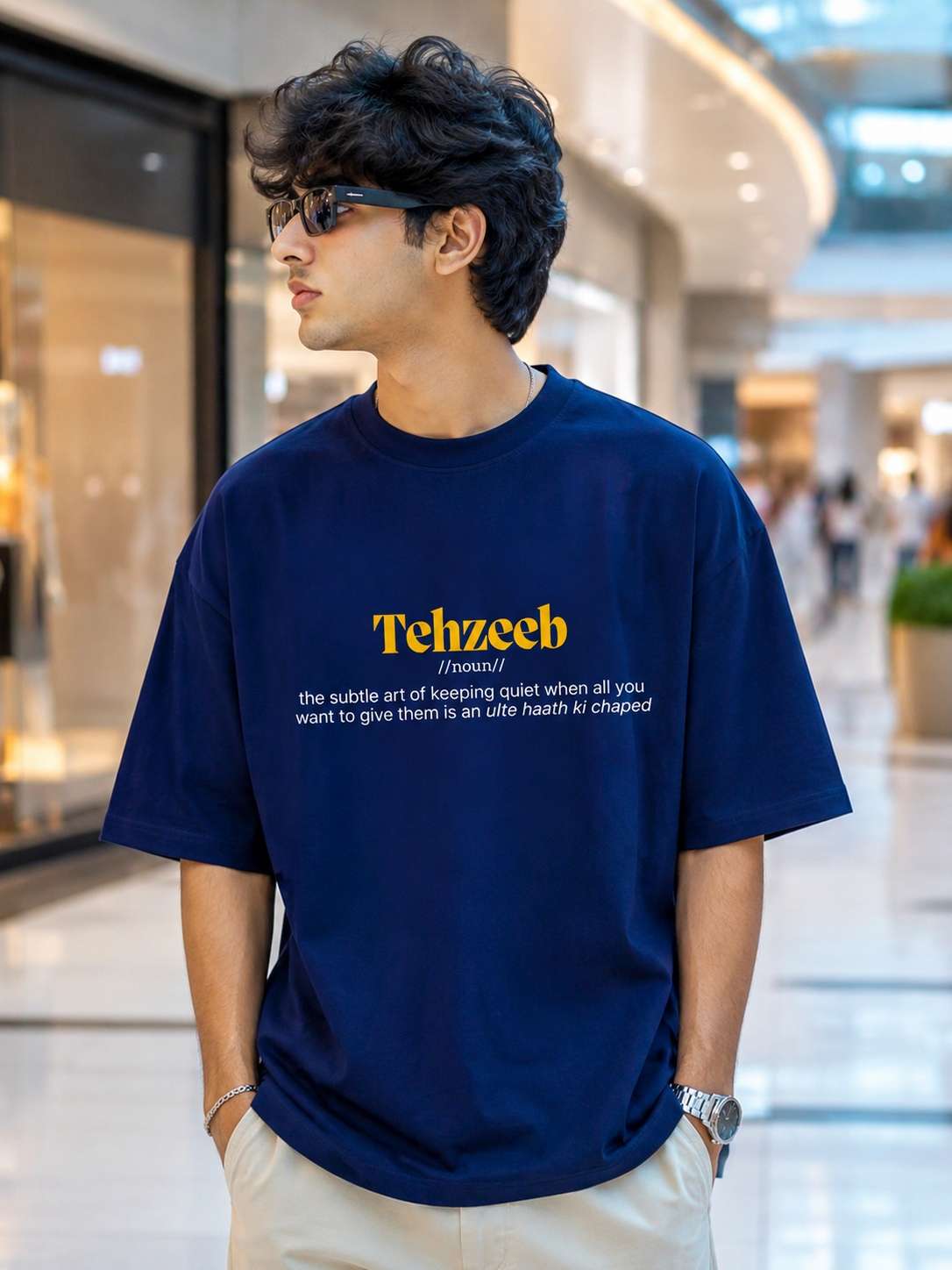 Men Navy Blue Desi Slang Typography Printed Oversized T-shirt