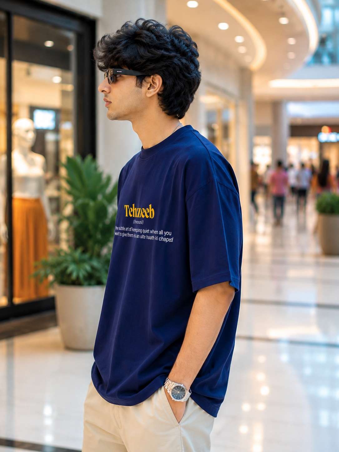 Men Navy Blue Desi Slang Typography Printed Oversized T-shirt